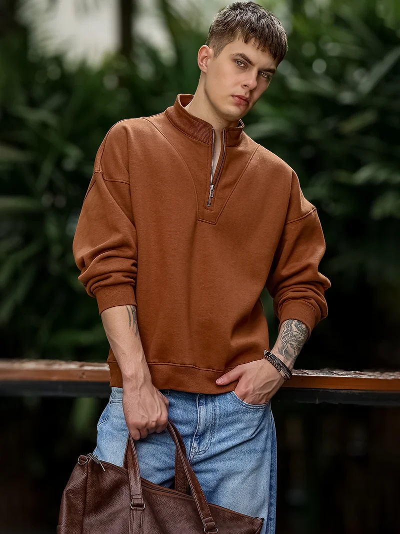 Maniac  Maniac Mens Solid V Panel Round Neck Full Sleeve Brown Fleece Sweatshirt for Men | Best Price UAE