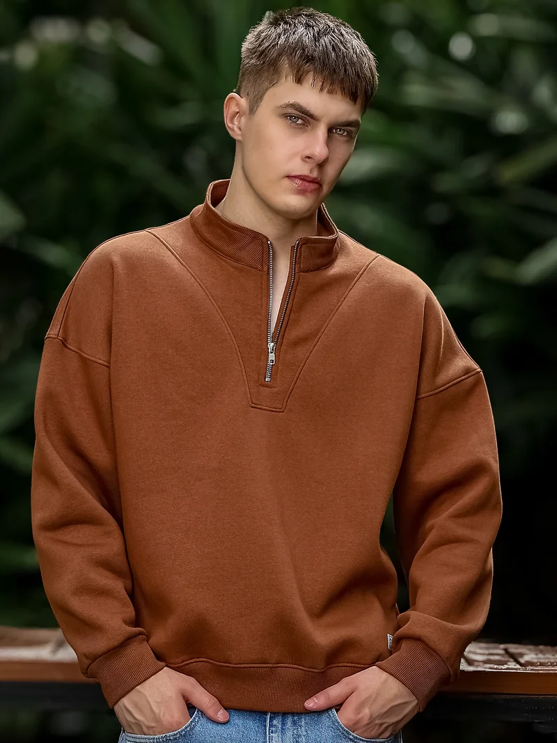 مانياك Maniac Mens Solid V Panel Round Neck Full Sleeve Brown Fleece Sweatshirt