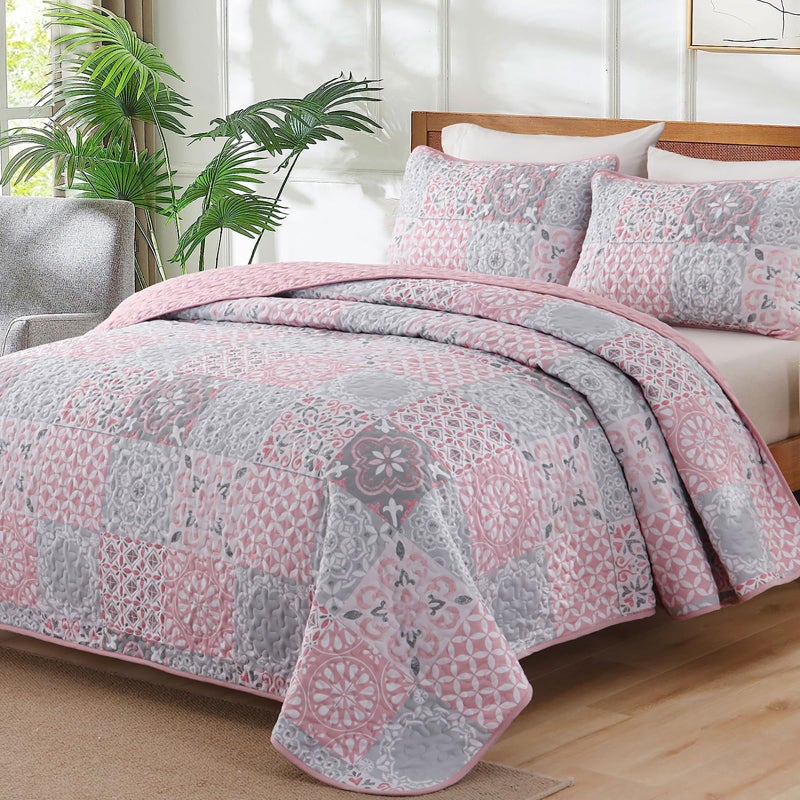 Dobuyly Pink Grey Quilt Set Queen Size Boho Plaid Patchwork Bedspreads Coverlet Set 3 Pieces Soft Lightweight Microfiber Summer Quilt Bedding Set for All Seasons 96x90