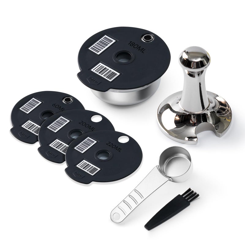 Recafimil Reusable Tassimo Pods with Tamper Stainless Steel Tassimo Coffee Pads with 4 Black Silicone Lids 60180200220 ml Compatible with Bosch Tassimo Machine