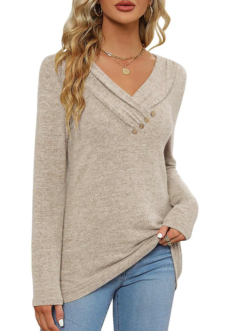 FMEYOA Women's Fall Long Sleeve Tunic Tops for Leggings V Neck Button Casual Blouse Sweatshirt(Khaki,X-Large) - Image 3