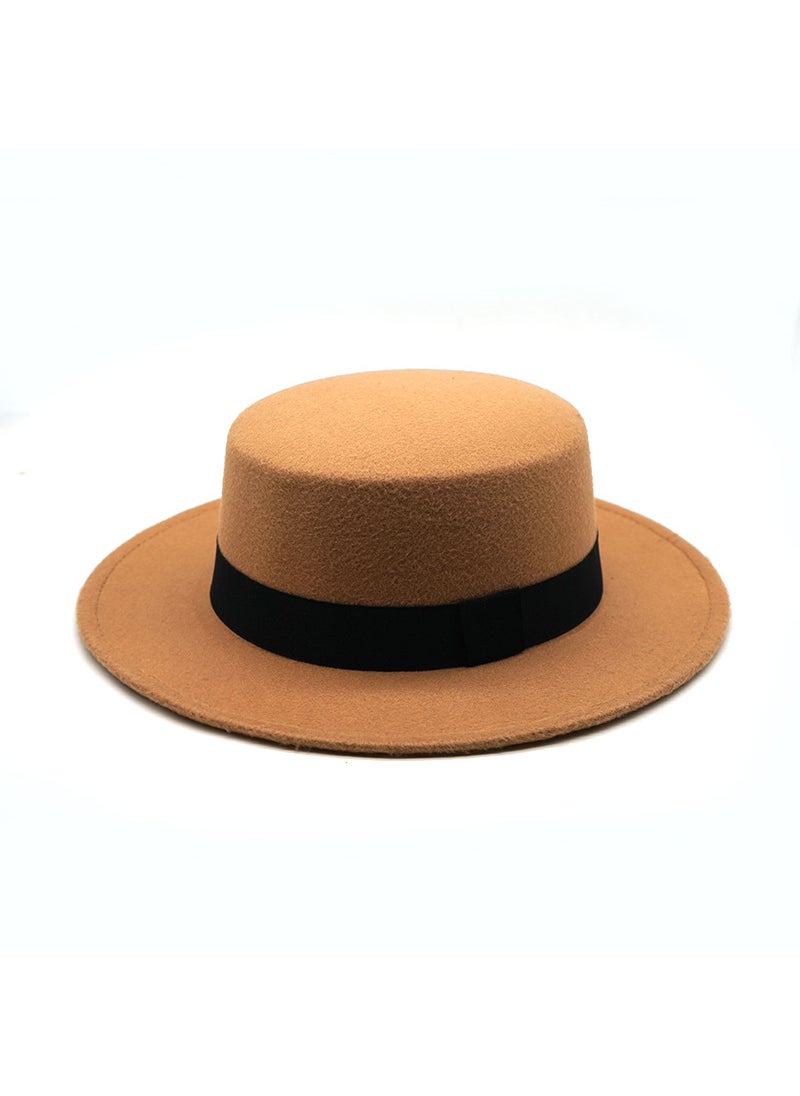 Vintage British Style Wool Flat Cap with Ribbon CAMEL