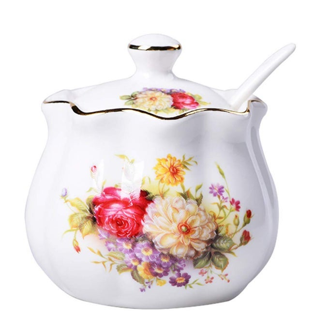 CERAMICS RETRO FLOWER SUGAR BOWL SPICE JAR STORAGE SEASONING POT WITH LID SPOON
