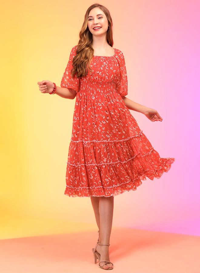 جلو باص فستان ميدي نسائي من الشيفون بطبعات زهور وأكمام بالون باللون الأحمر - Image 5