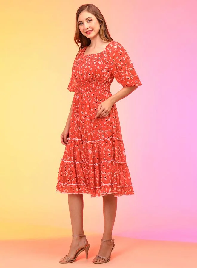 جلو باص Globus Women Red Floral Print Balloon Sleeves Chiffon A-Line Midi Dress