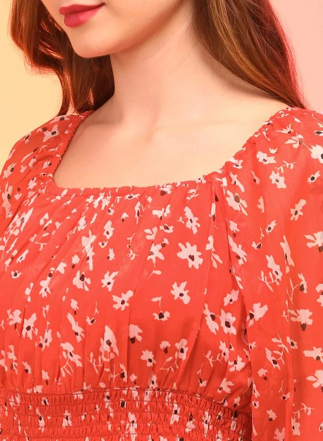 globus Globus Women Red Floral Print Balloon Sleeves Chiffon A-Line Midi Dress