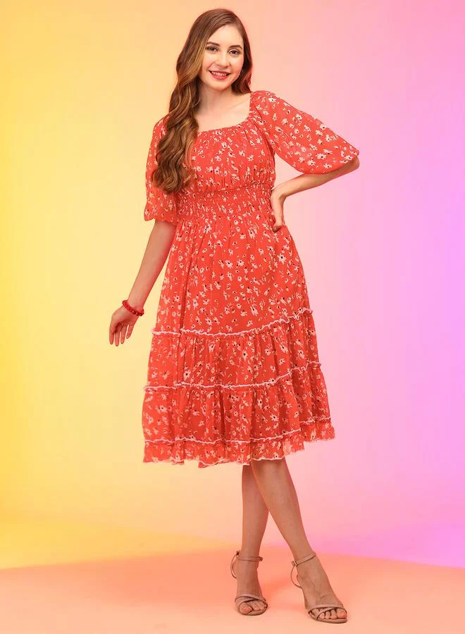 جلو باص Globus Women Red Floral Print Balloon Sleeves Chiffon A-Line Midi Dress