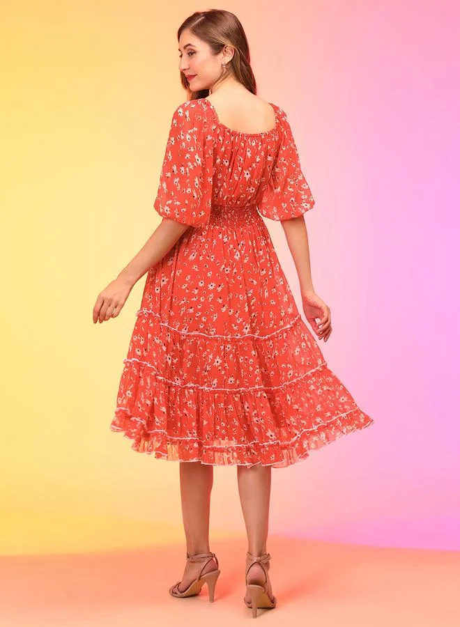 globus Globus Women Red Floral Print Balloon Sleeves Chiffon A-Line Midi Dress