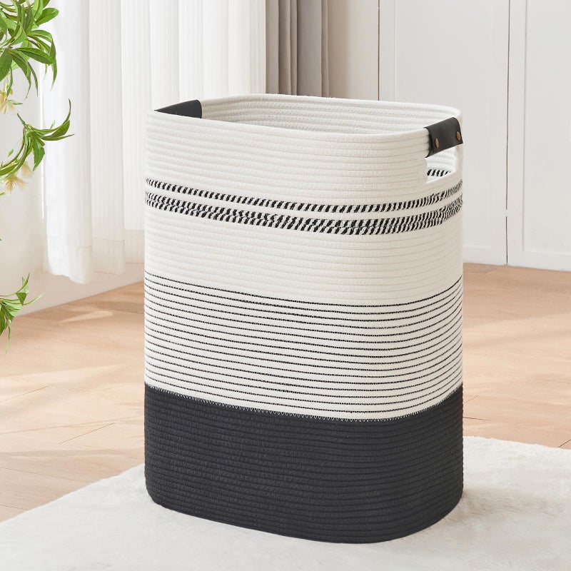 AINUOQI Laundry Basket with Handles - Blanket Basket & Hampers for Bedroom Aesthetic, Laundry Hamper & Blanket Storage for Living Room, Clothes Hamper, Tall, Large 17" x 14" x 22â€, Black & White - Image 1