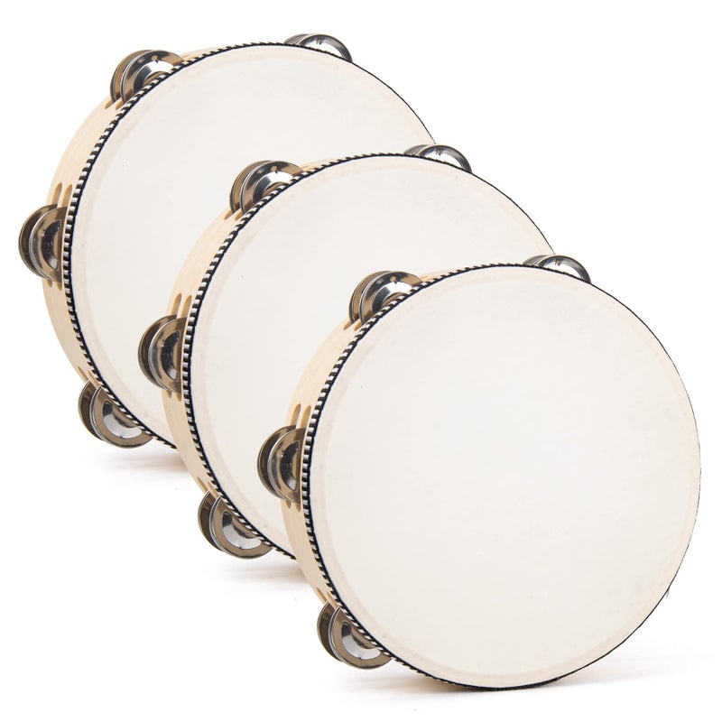 AUEAR 3 Pack Wooden Tambourines Double Rows Metal Jingle Tambourine 8 Inch Handheld for Party Church KTV Musical Educational
