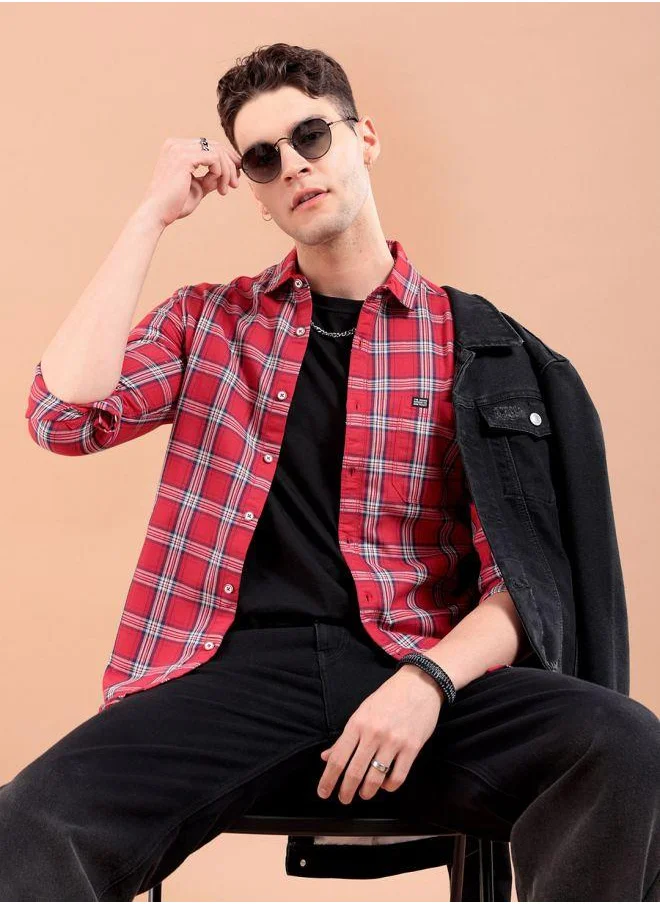 شركة المرآب الهندية Men Slim Fit Checkered Full Sleeves Spread Collar Casual Shirt