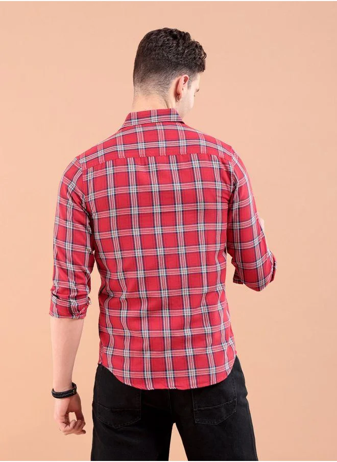 شركة المرآب الهندية Men Slim Fit Checkered Full Sleeves Spread Collar Casual Shirt