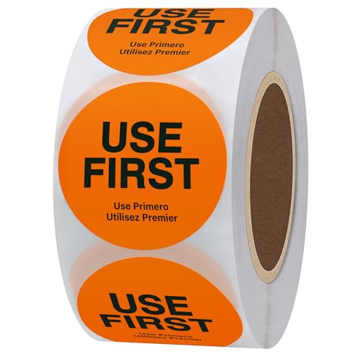 Hybsk USE First Stickers Restaurant Food Service FIFO Label 1.5 Inch Total 500 Labels Per Roll (Orange) - Image 1