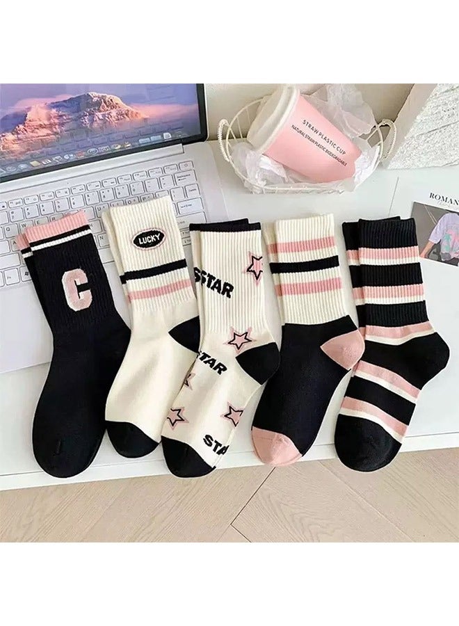 Set of 5 Pairs Black/White/Pink High Quality Socks - Image 1