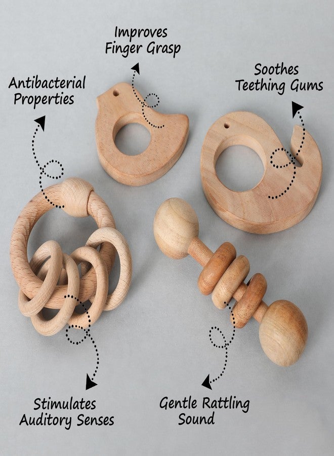 Babbles Neem Wood Teethers for Babies | Wooden Teethers for 6 to 12 Months Baby | Natural and Antibacteria (Bird+Whale+Dumbbell+Ring) - Image 2