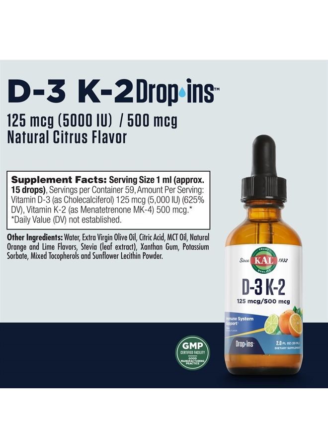 KAL D3 K2 DropIns 125 mcg / 500 mcg Liquid Vitamin D3 K2 Drops, Bone Health, Heart Health and Immune Support Supplement, Natural Citrus Flavor, 60-Day Money Back Guarantee, Approx. 59 Serv, 2 FL OZ - Image 2