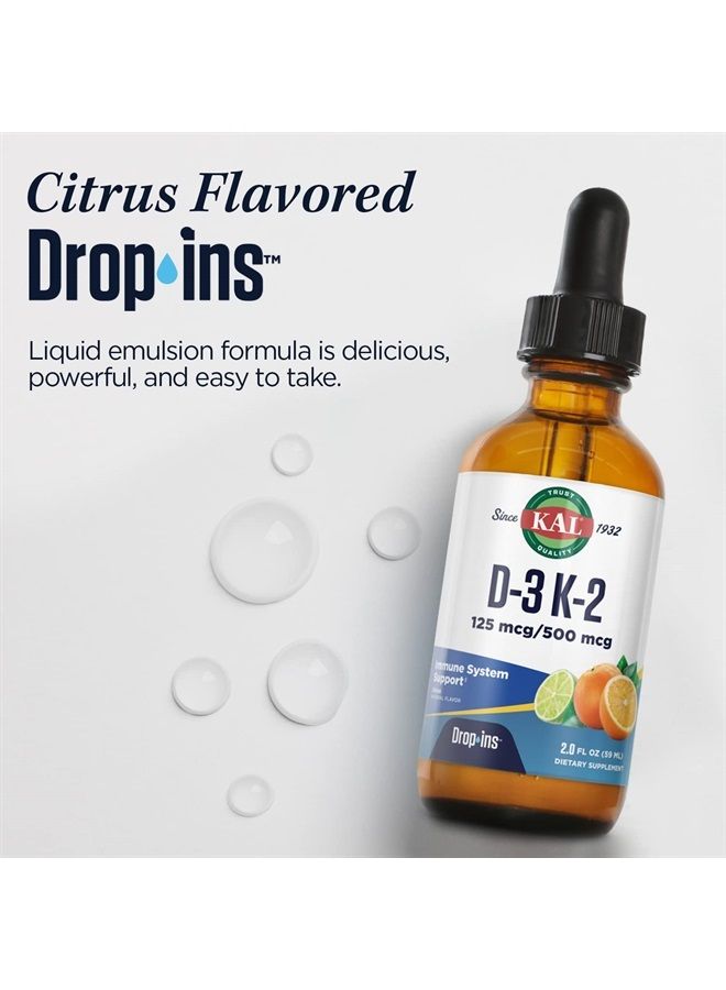 KAL D3 K2 DropIns 125 mcg / 500 mcg Liquid Vitamin D3 K2 Drops, Bone Health, Heart Health and Immune Support Supplement, Natural Citrus Flavor, 60-Day Money Back Guarantee, Approx. 59 Serv, 2 FL OZ - Image 5