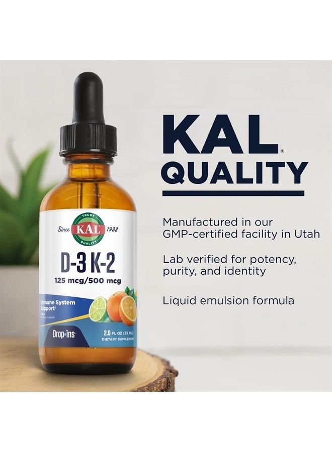 KAL D3 K2 DropIns 125 mcg / 500 mcg Liquid Vitamin D3 K2 Drops, Bone Health, Heart Health and Immune Support Supplement, Natural Citrus Flavor, 60-Day Money Back Guarantee, Approx. 59 Serv, 2 FL OZ - Image 4