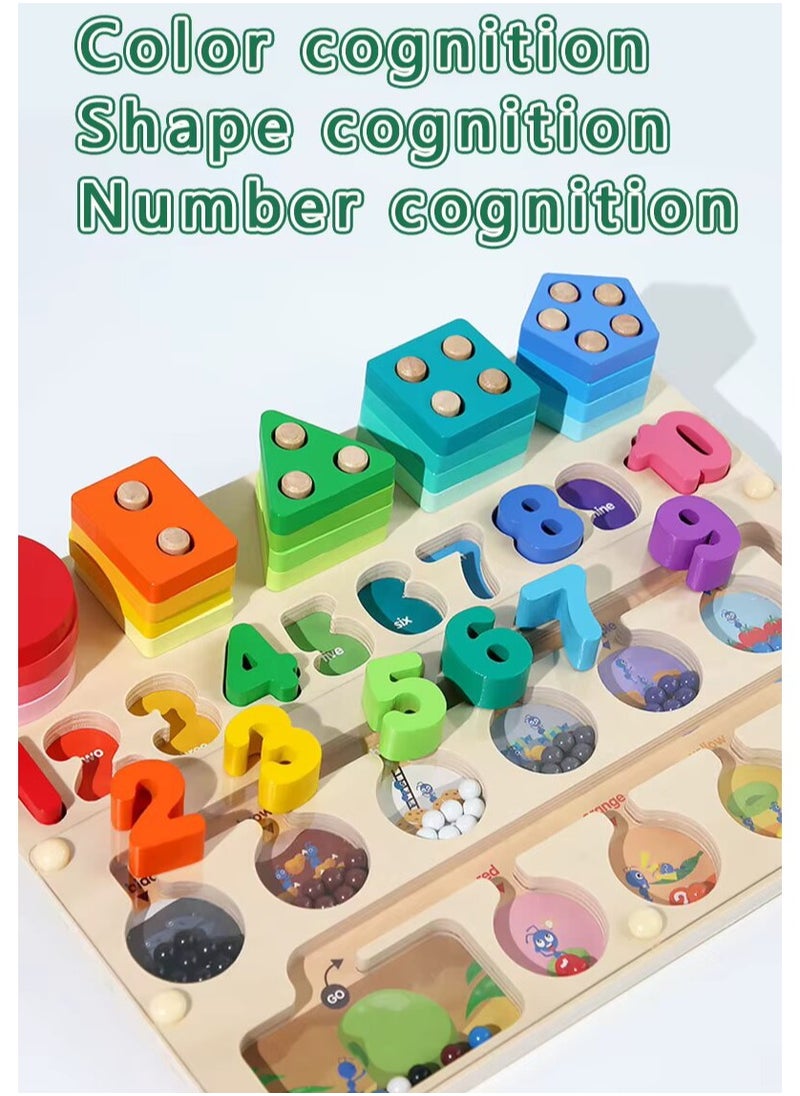 Wooden Magnetic Puzzle Board 3 in 1 Educational Magnetic Color and Number Maze, Shape and Number Matching Game & Sorting Toys for 3+ Year Toddlers Fine Motor Training Wood Education Toy