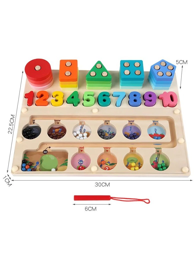 Wooden Magnetic Puzzle Board 3 in 1 Educational Magnetic Color and Number Maze, Shape and Number Matching Game & Sorting Toys for 3+ Year Toddlers Fine Motor Training Wood Education Toy