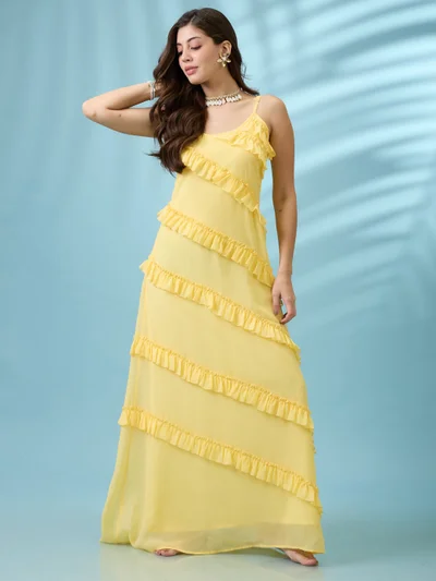 globus Women Yellow Scoop Neck Strappy Sleeves Ruffle Detail Georgette A-Line Maxi Party Dress