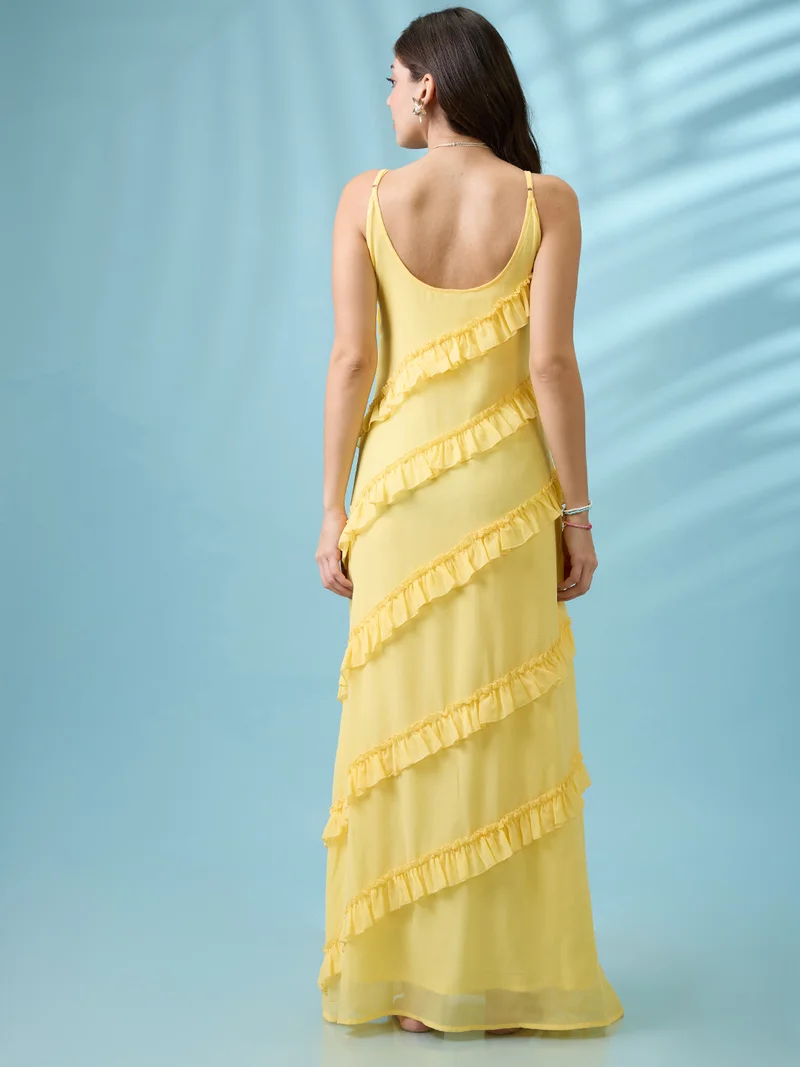 globus Women Yellow Scoop Neck Strappy Sleeves Ruffle Detail Georgette A-Line Maxi Party Dress