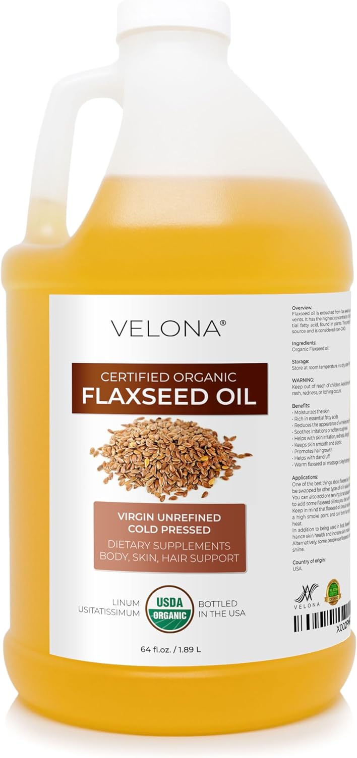 velona USDA Certified Organic Flaxseed Oil  64 oz  100 Pure and Natural Carrier Oil  Unrefined Cold Pressed