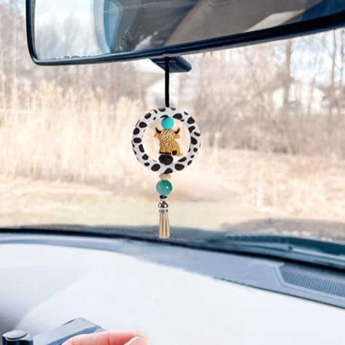 Qpige Highland Cow Car Accessories for Women Men Highland Cow Car Mirror Decor Hanging Cute Rear View Mirror Accessories Gifts for Women Khaki - Image 1