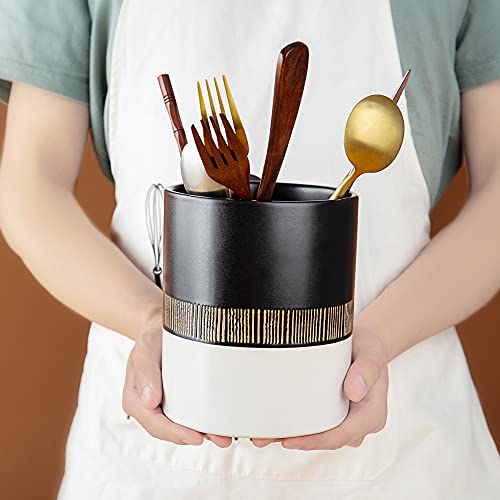 MOLADRI Kitchen Utensil Holder for Countertop,5" Ceramic Utensils Crock,Large Vintage Organizer for Storing Cooking,Heavy Spatula Holders,Farmhouse Tool Caddy, Home Counter Organizing Decor (Black) - Image 3