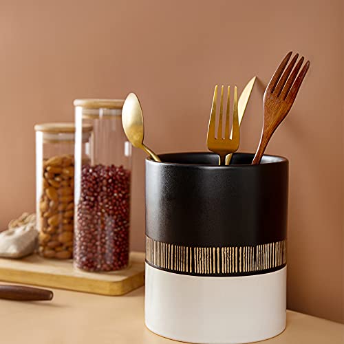 MOLADRI Kitchen Utensil Holder for Countertop,5" Ceramic Utensils Crock,Large Vintage Organizer for Storing Cooking,Heavy Spatula Holders,Farmhouse Tool Caddy, Home Counter Organizing Decor (Black) - Image 2