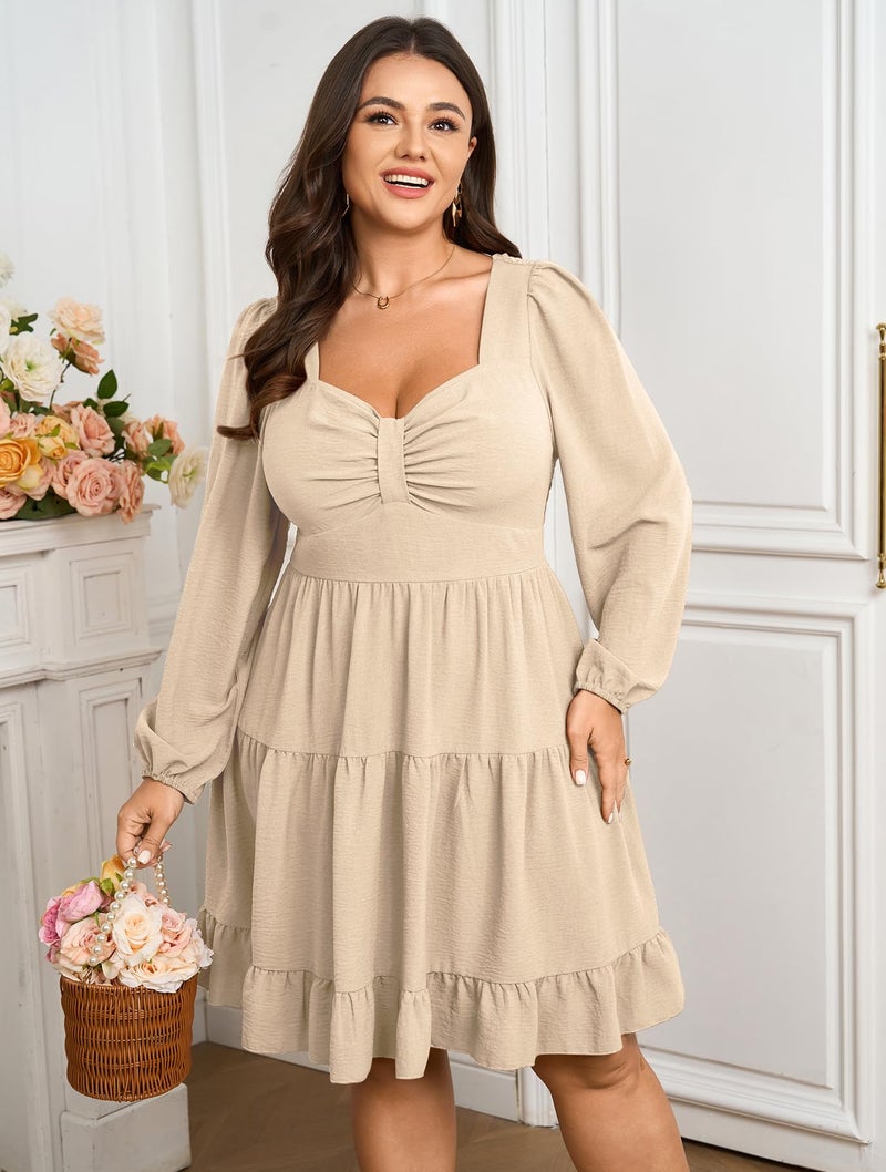 SCOMCHIC Women's Plus Size Dresses Cocktail Long Sleeve Sweetheart Neckline A Line Boho Cute Flowy Fall Mini Short Dress Beige - Image 2