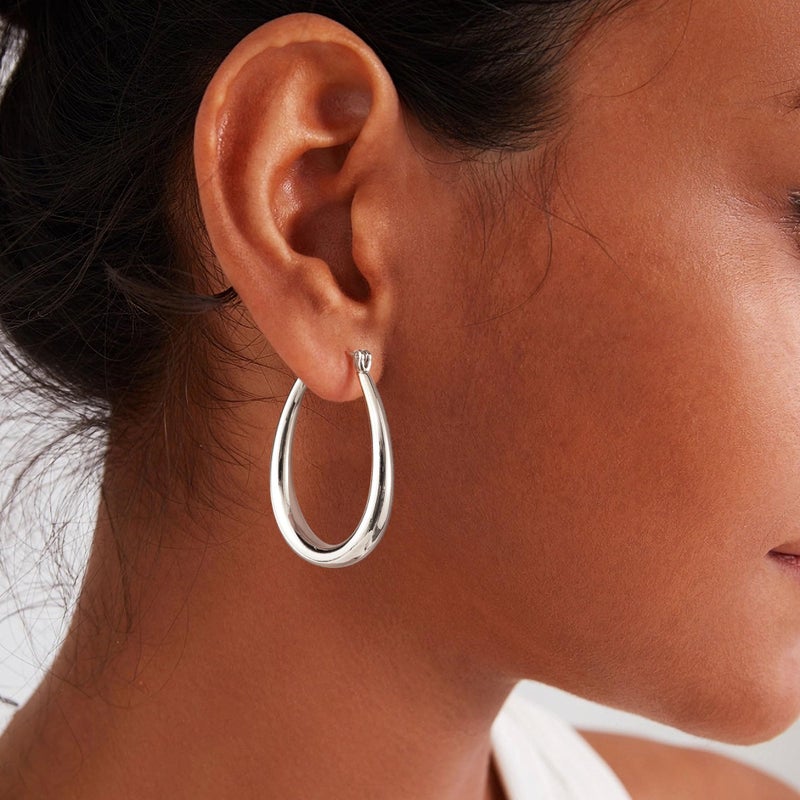 Gacimy Silver Chunky Hoop Earrings for Women, 14K White Gold Plated Oval Hoop Medium Silver Earrings with 925 Sterling Silver Post - Image 2