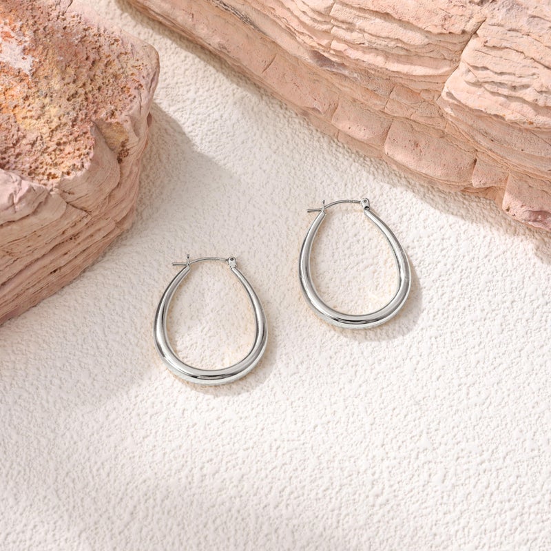 Gacimy Silver Chunky Hoop Earrings for Women, 14K White Gold Plated Oval Hoop Medium Silver Earrings with 925 Sterling Silver Post - Image 3