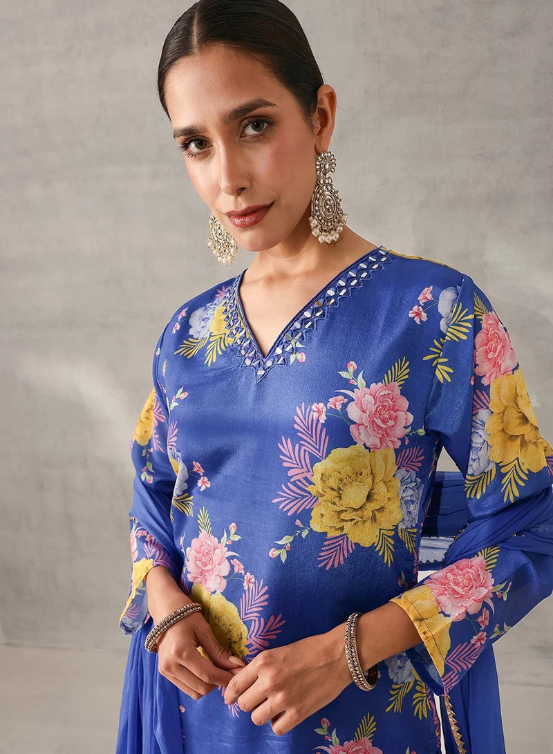 آي شين طقم كورتا نسائي من  قطع باللون الأزرق مع بنطلون بالازو كامل الطول وتصميم ذاتي