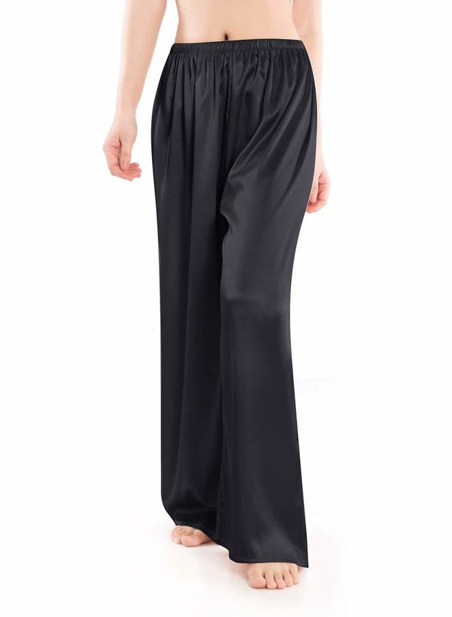 Wantschun Womens Wide Leg Pajama Pants Satin Silk Casual Loose Elastic Waist Lounge Pants Pj Bottoms Black;M - Image 1