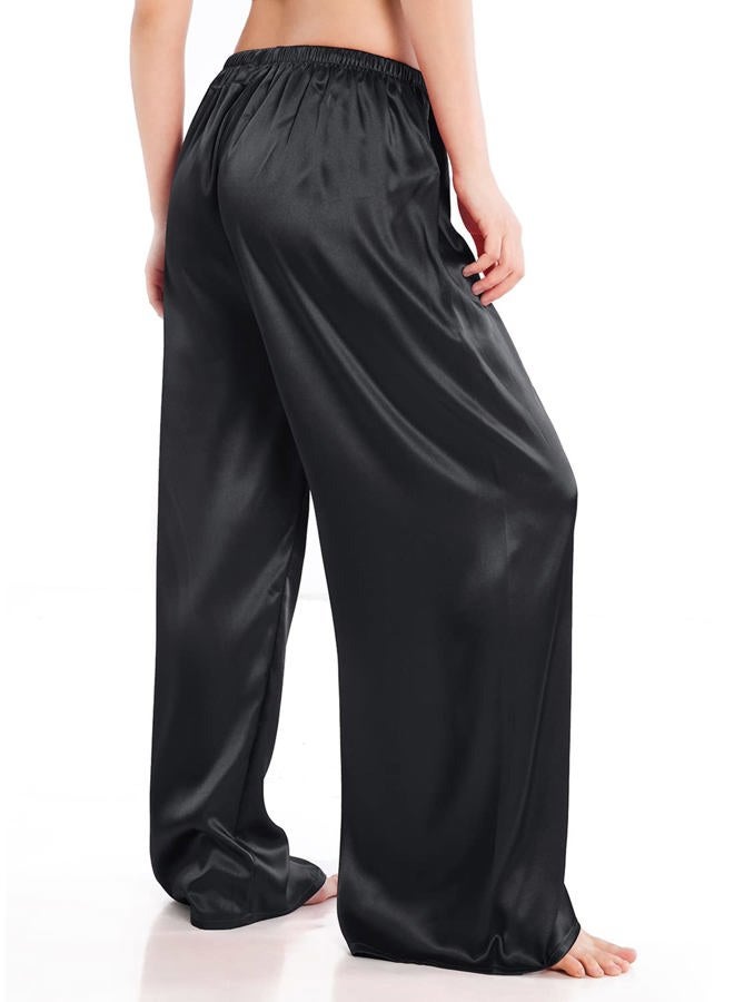 Wantschun Womens Wide Leg Pajama Pants Satin Silk Casual Loose Elastic Waist Lounge Pants Pj Bottoms Black;M - Image 4