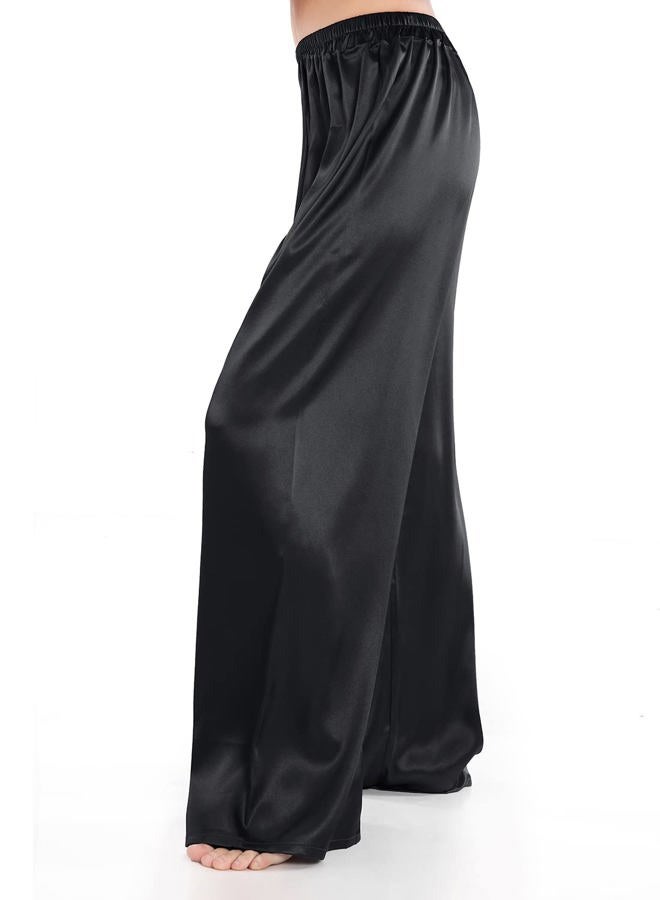 Wantschun Womens Wide Leg Pajama Pants Satin Silk Casual Loose Elastic Waist Lounge Pants Pj Bottoms Black;M - Image 3