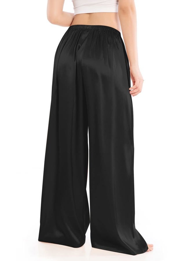 Wantschun Womens Wide Leg Pajama Pants Satin Silk Casual Loose Elastic Waist Lounge Pants Pj Bottoms Black;M - Image 5