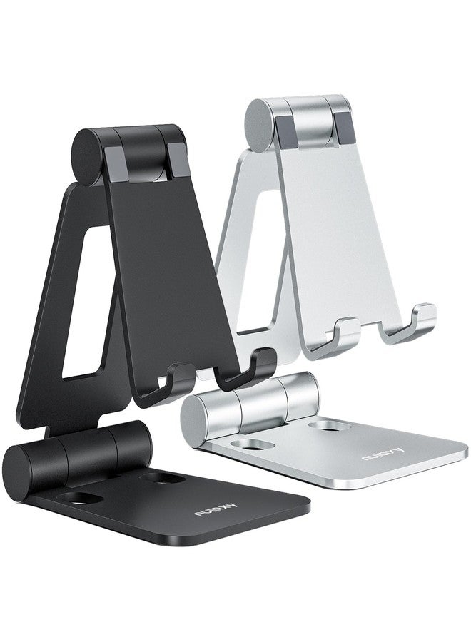 Nulaxy 2 Pack Dual Folding Cell Phone Stand, Fully Adjustable Foldable Desktop Phone Holder Cradle Dock Compatible with iPhone 17 16 15 14 13 12 11 Pro Max Xs Xr X 8, All Phones, Black & Silver - Image 1