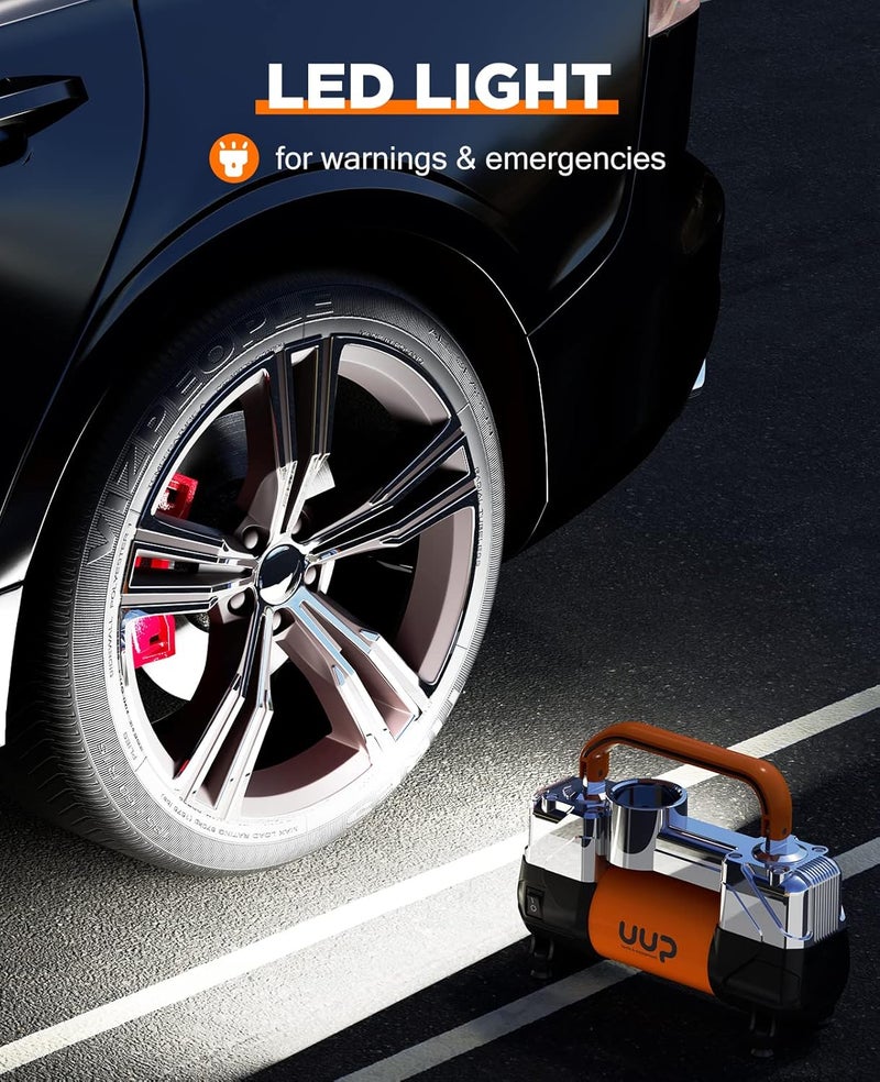 UUP Tire Inflator Air Compressor, 150PSI 12V DC Double Cylinders Heavy Duty Portable Air Pump with Emergency LED Light for Truck, SUV, Car, RV - Image 5