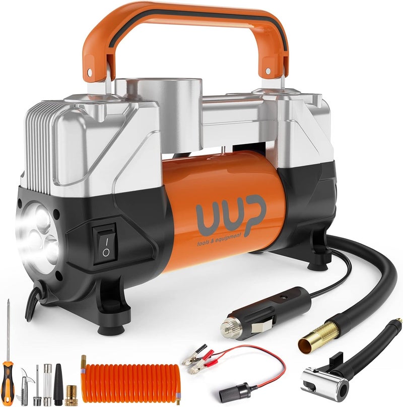 UUP Tire Inflator Air Compressor, 150PSI 12V DC Double Cylinders Heavy Duty Portable Air Pump with Emergency LED Light for Truck, SUV, Car, RV - Image 1