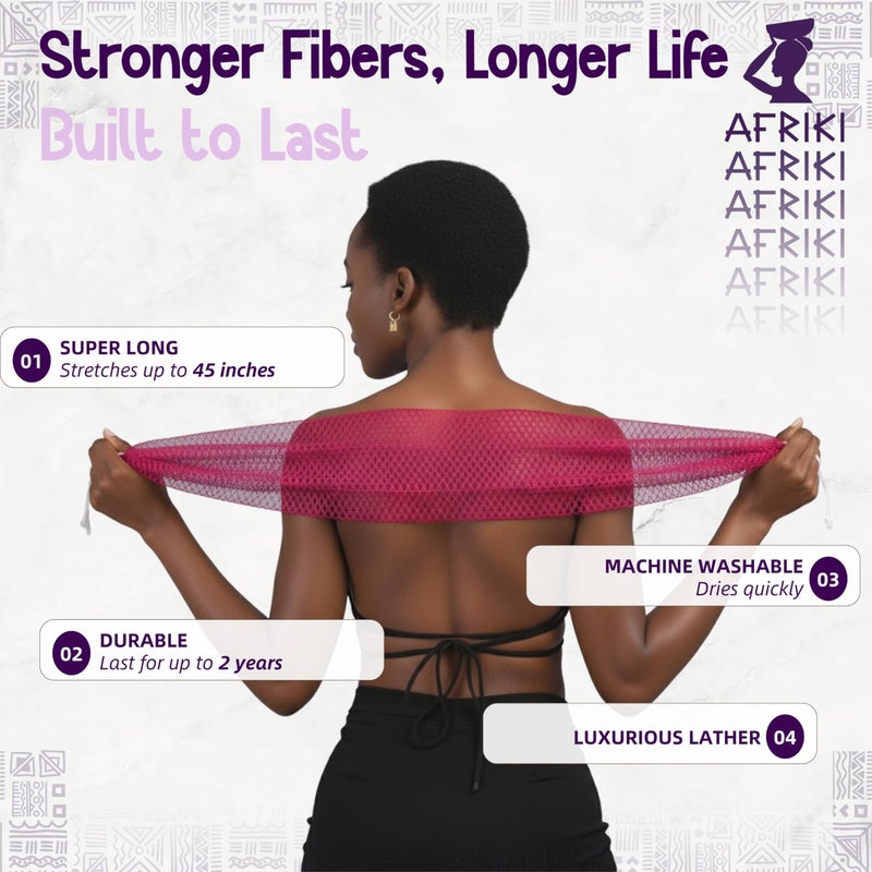 AFRIKI African Net Sponge â€“ Exfoliating Body Scrubber, Black Owned & Rooted in Africa, All Skin Types | 45 in Long (Lilac) - Image 3