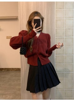Spring Autumn Car Finger Red Short Sleeve Women Lazy Small Fragrance Design Beautiful Wool Coat Regular Sleeve Single Row Buckle 2086 wine red
