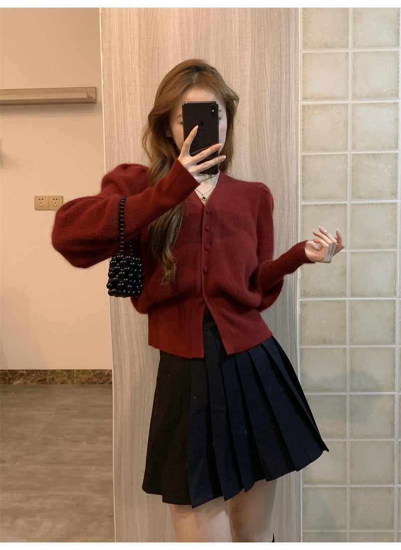 Generic - Spring Autumn Car Finger Red Short Sleeve Women Lazy Small Fragrance Design Beautiful Wool Coat Regular Sleeve Single Row Buckle 2086 wine red - Image 1