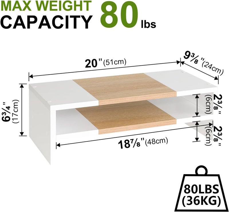 TEAMIX 2 Tiers Desktop Monitor Stand Riser 20 Inch Printer Stand with Storage Small TV Riser Laptop Wooden Desk Organizer Shelf Bookshelf Maple (White+Maple, 2 Tiers) - Image 5