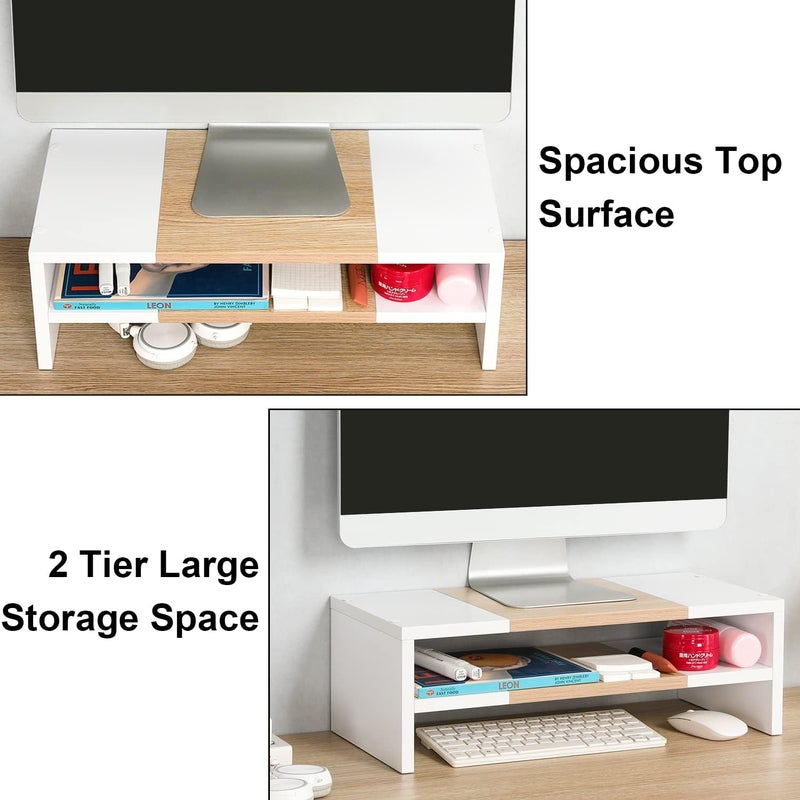 TEAMIX 2 Tiers Desktop Monitor Stand Riser 20 Inch Printer Stand with Storage Small TV Riser Laptop Wooden Desk Organizer Shelf Bookshelf Maple (White+Maple, 2 Tiers) - Image 3