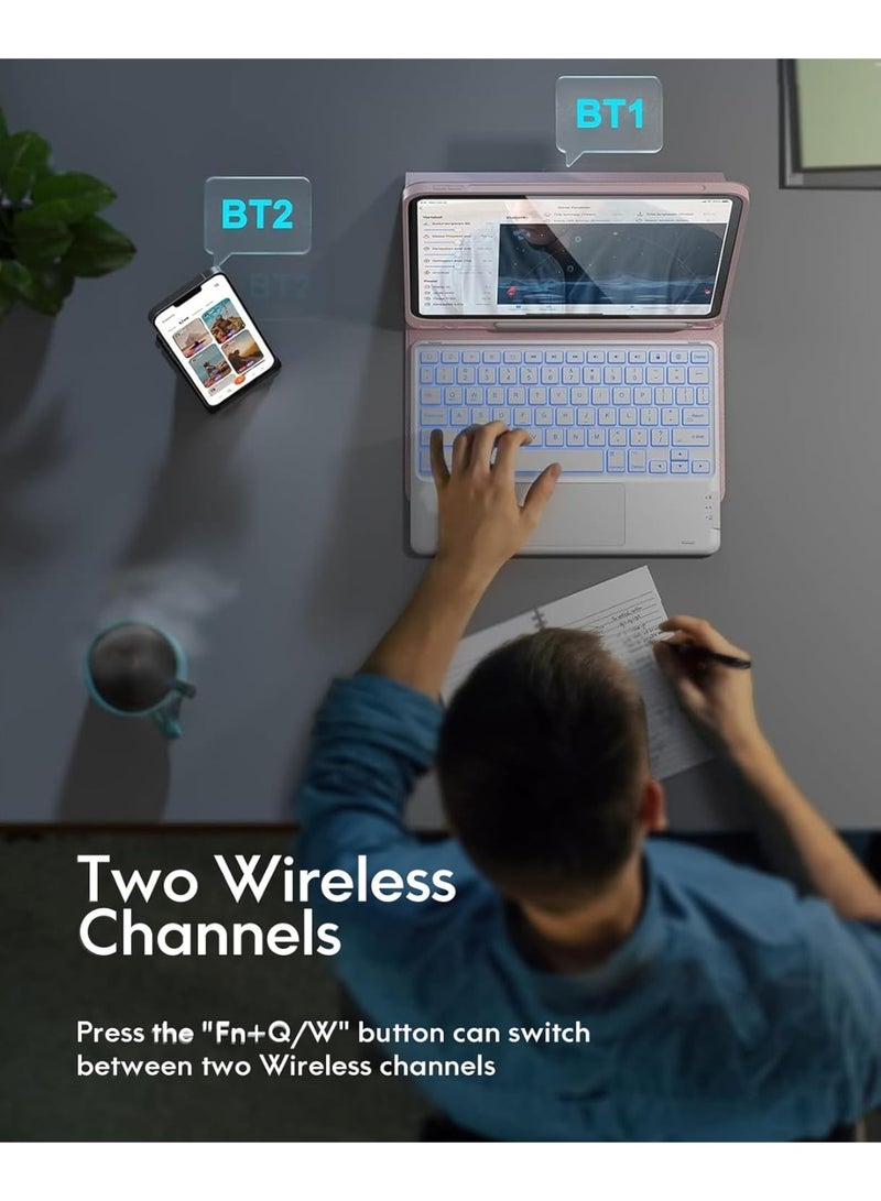 جراب لجهاز iPad Air مقاس 11 بوصة مع لوحة مفاتيح ثنائية اللغة (العربية/الإنجليزية)، M3/M2 (2025/2024)، إضاءة خلفية بسبعة ألوان، لوحة لمس متعددة اللمس، قناتان لاسلكيتان، متوافق مع iPad Pro 11 (الجيل الرابع/الثالث/الثاني/الأول) وiPad Air الجيل الخامس والرابع، لون وردي - Image 5