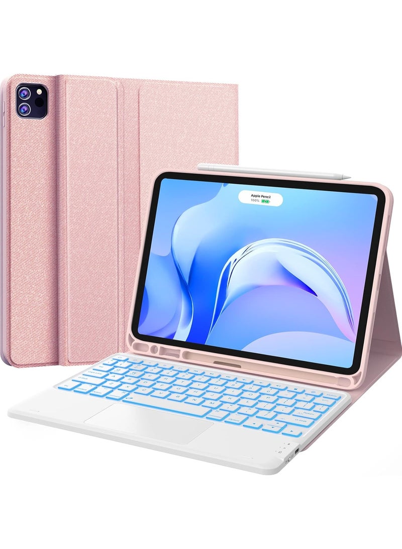 جراب لجهاز iPad Air مقاس 11 بوصة مع لوحة مفاتيح ثنائية اللغة (العربية/الإنجليزية)، M3/M2 (2025/2024)، إضاءة خلفية بسبعة ألوان، لوحة لمس متعددة اللمس، قناتان لاسلكيتان، متوافق مع iPad Pro 11 (الجيل الرابع/الثالث/الثاني/الأول) وiPad Air الجيل الخامس والرابع، لون وردي - Image 1