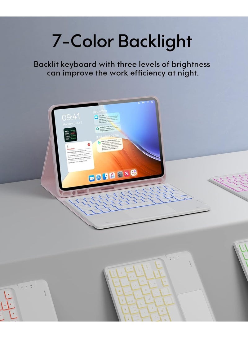 جراب لجهاز iPad Air مقاس 11 بوصة مع لوحة مفاتيح ثنائية اللغة (العربية/الإنجليزية)، M3/M2 (2025/2024)، إضاءة خلفية بسبعة ألوان، لوحة لمس متعددة اللمس، قناتان لاسلكيتان، متوافق مع iPad Pro 11 (الجيل الرابع/الثالث/الثاني/الأول) وiPad Air الجيل الخامس والرابع، لون وردي - Image 4
