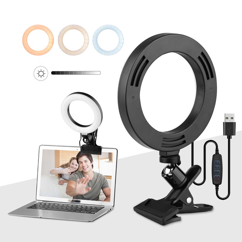 6.3 Inch 2700K-5500K Selfie Ring Video Light with Clamp Mount Tabletop Tripod 3 Dimmable Colors 11 Brightness Levels 360 Degrees Rotatable for Desk Bed Office Online Teaching Makeup Video Recording Live Steaming - Image 2